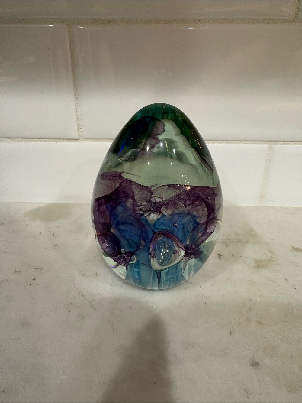 Handblown Glass Art Egg in Blue, Purple & Green signed SH Ash Vines ‘92